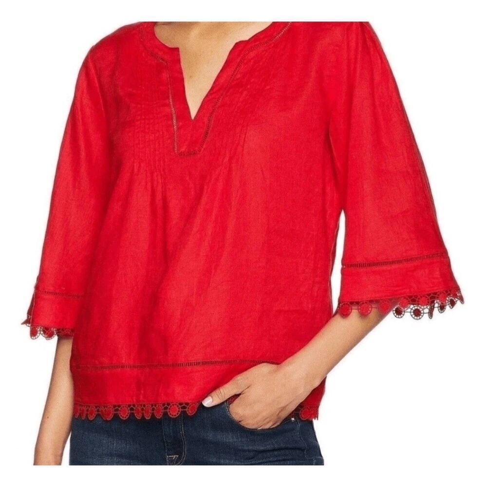 Ralph Lauren Red Linen Bell 3/4 Sleeve V-neck Blouse Size Medium.